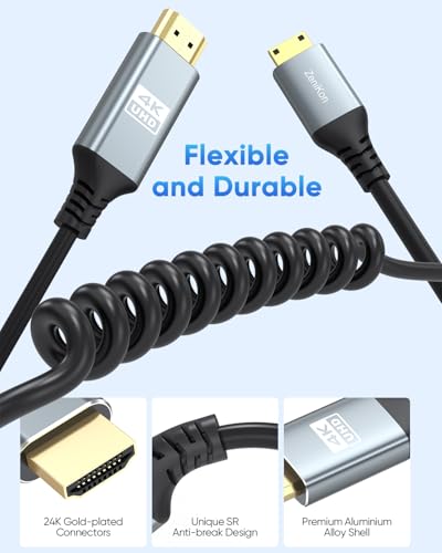 4K Mini HDMI to HDMI Coiled Cable 1FT-3FT for Camera Field Monitor, HDMI to Mini HDMI Coiled Cable Short [Aluminum Shell] 4K@60Hz, 2K, 1080P, HDR, ARC for DSLR, Portable Monitor, Laptop