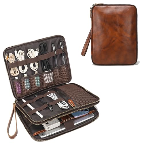 LANNSYNE Full Grain Leather Travel Cable Accessories Bag, Electronic Organizer Carry Case Double Layer Storage Case for Cables, Charger, Phone, Power Bank - color: Orange
