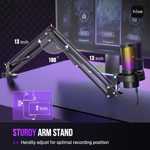 FIFINE USB Gaming Microphone Kit, PC Streaming Mic with RGB Lights, Mute, Gain Knob, Metal Boom Arm for Recording Podcast, Condenser Computer Microphone Set Compatible with PS4/PS5-AmpliGame A8T - size: A8T-Boom Arm