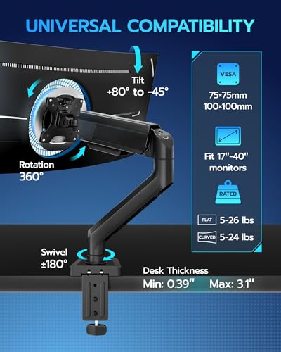 ARES WING Heavy Duty Single Monitor Arm - Fully Adjustable Monitor Mount for 17"-40" Ultrawide Screens up to 26.4 lbs with Clamp/Grommet Desk Mount and USB A/C, 75/100 Vesa Mount, Black - color: Black, style: With USB