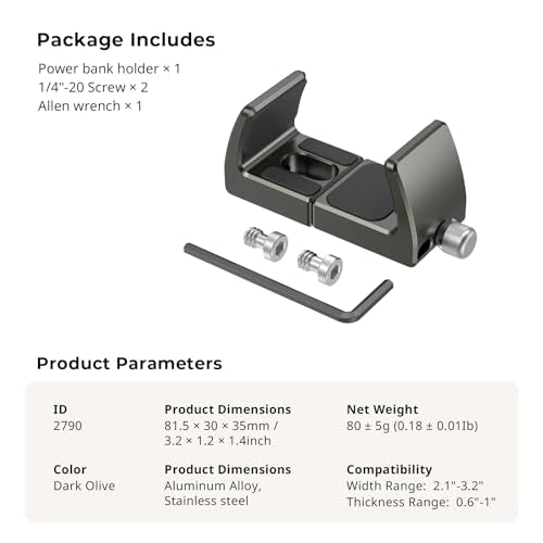 SMALLRIG Power Bank Holder, Power Bank Clamp Mount for Camera, Compatible with Width Range 2.1"–3.3" and Thickness Range 0.6"–1" Power Banks2790 (Pack of 2) - size: 81.5mm x 30mm x 35mm (Pack of 2)
