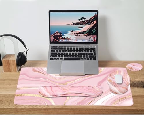 4-in-1 Gaming Mouse Pad Wrist Support Set，Desk Pad + Mouse Pad with Wrist Rest + Keyboard Wrist Rest + Coaster, Ergonomic Design for Home Office Study Game - Pink Fluid - color: 4 Pcs Pink Marble