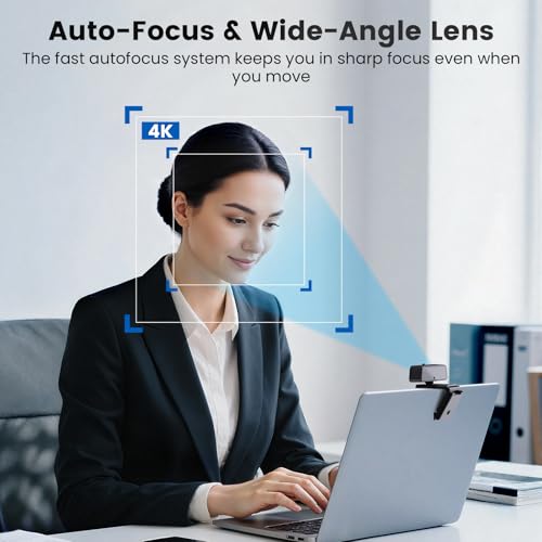 4K Webcam for PC & Mac with USB-C Adapter, 90° Wide-Angle Computer Camera with Microphone, Auto Light Correction, 360° Rotating Plug-and-Play Webcam for Zoom and Teams