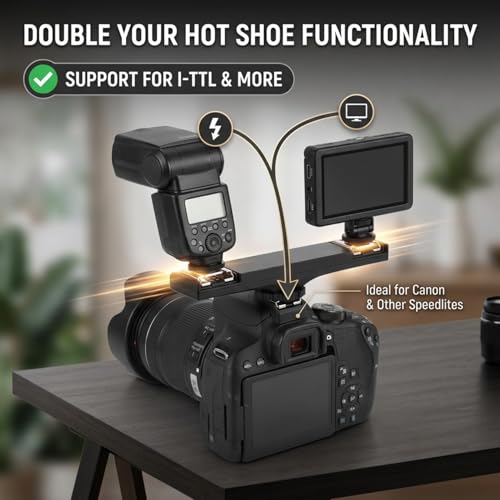 Dual Hot Shoe Splitter Camera Shoe Mounts, Dual Hot Shoe Flash Speedlite Light Bracket for SLR Camera Camcorder, Extension Bar Mount Cold Shoe Extension Bracket (for Canon)