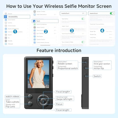 Wireless Selfie Monitor Vlogging Kit with Microphone, 65in Extendable Phone Tripod Selfie Stick, Magnetic Back Camera Monitor, 164ft Stable Wireless Casting, No Lag No Overheating for iPhone & Android