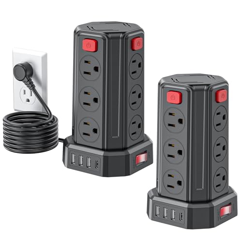 Power Strip Surge Protector Tower,Extension Cord with 12 AC Multiple Outlets 4 USB (1 USB C), SMALLRT Power Strip Tower Desktop Charging Station (Black, 6.5 FT-2PC) - color: Black, size: 6.5 ft 2-Pack