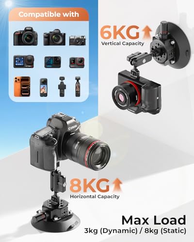 CAMBOFOTO 4.6" Camera Suction Cup Mount with Ball Head Magic Arm, Car Mount with Action Camera Adapter and Phone Holder, Compatible with DSLR Cameras Sony, Canon, Nikon/Phone/DJI/Insta 360