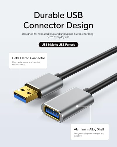 3.3ft USB Extension Cable, USB 3.0 A Male to Female Extender Cable, 5Gbps High-Speed Data Transfer, Gold-Plated & Anti-Interference Compatible with Keyboard/Mouse/Printer/VR/Webcam/Hard Drive - size: 3.3ft