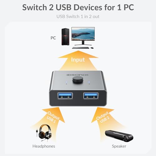 IDsonix USB 3.0 Switch for 2 Computers Share 1 Device | 1 in 2 Out Bi-Directional For Printers/Keyboards/Mice, 5Gbps Plug and Play Switcher Support CarPlay,Android Auto,Aluminum - style: Aluminum