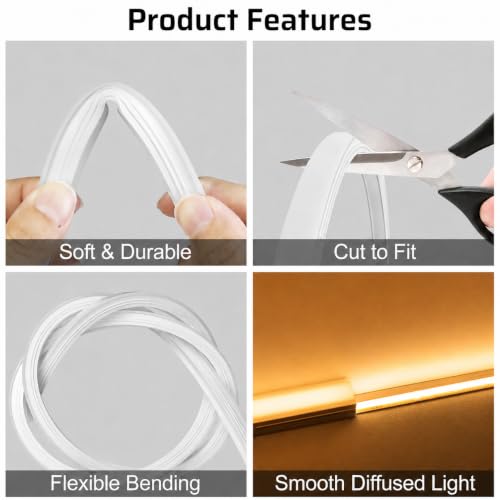 Silicone LED Channel 16.4FT, Flexible Neon Tube Light Cover for LED Strips up to 10mm Wide, Milky White LED Strip Diffuser Channel, DIY Spotless Light Cover for Cabinet Lighting, No Strip Included