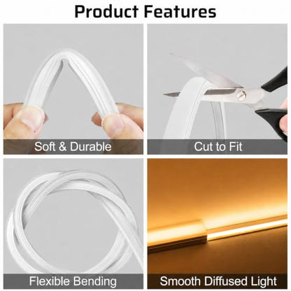 Silicone LED Channel 16.4FT, Flexible Neon Tube Light Cover for LED Strips up to 10mm Wide, Milky White LED Strip Diffuser Channel, DIY Spotless Light Cover for Cabinet Lighting, No Strip Included