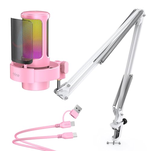 FIFINE USB Streaming Microphone with Boom Arm, Gaming Mic Kit for PC PS4/PS5, Podcast Microphone for Podcast with RGB Control, Mute Button, Gain Knob, Headphones Jack, Pop Filter-A8T Pink - size: A8TP-Boom Arm