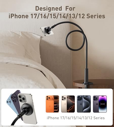 Magnetic Gooseneck Phone Holder Mount for iPhone 17/16/15/14/13/12 - Magnetic Stand Tabletop Clamp 360°Rotation Adjustable for Office/Home Compatible with iPhone 17 16 15 14 13 12 Mini Plus Pro Max - style: Mount + Black