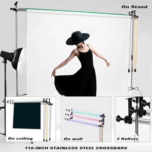 MagicLine Photography Backdrop 3 Roller Support System, 118 inch Stainless Steel Crossbars Manual Backdrop Stand,Wall/Ceiling/Light Stand Mount Background Holder for Home & Studio(Stability)
