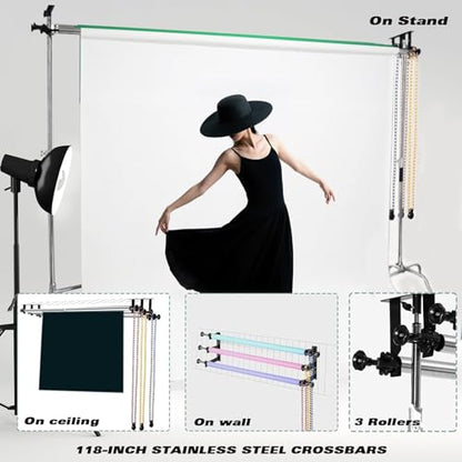 MagicLine Photography Backdrop 3 Roller Support System, 118 inch Stainless Steel Crossbars Manual Backdrop Stand,Wall/Ceiling/Light Stand Mount Background Holder for Home & Studio(Stability)
