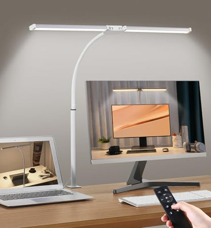 Led Desk Lamp for Home Office, Eye-care Architect Light with Clamp, Smart Double Head Computer Monitor Table Clip Lamp, Adjustable Flexible Goose-Neck, 25 Lighting Models, Task Lamp, White and Sliver - color: White and Sliver