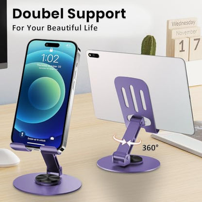 Universal Metal Cell Phone Stand, Multi-Angel Adjustable 360° Rotation Non-Slip Metal Phone Stand Compatible with iPhone 17 16 Pro Max and All Smartphones (Purple&Purple) - color: Purple&Purple