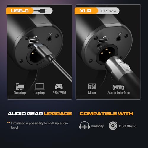 PUPGSIS Podcast Dynamic Microphone, XLR/USB Recording PC Microphones for Broadcast, Podcast, Recording, Gaming & Streaming, Studio Mic with Mute, Headphone Jack, Monitoring Volume Control, Windscreen - size: With Desk Stand