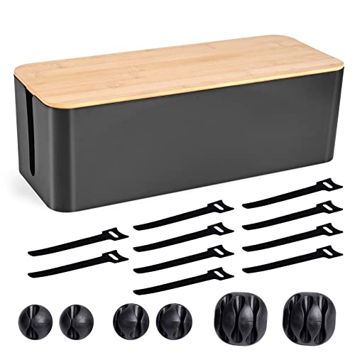 Cable Management Box - Wooden Style Large Cord Organizer to Hide Wires & Power Strips | Desk Computer Cable Organizer | Safe ABS Material | 16" (L) x 6.2" (W) 5.3" (H) | for Home & Office - Black - size: Large