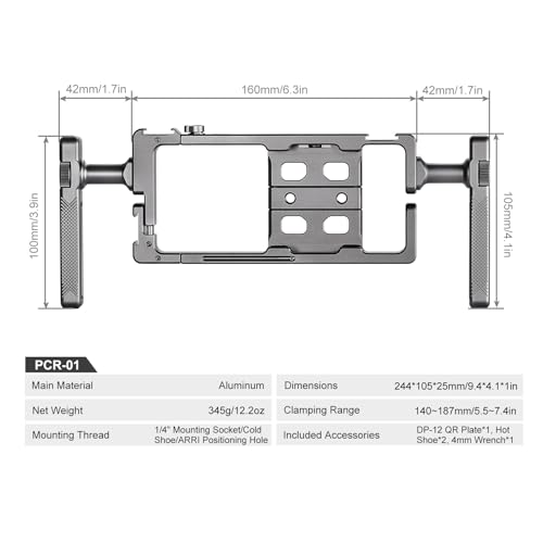 PCR-01 Smartphone Cage Universal Phone Video Rig Kit with Handle, Phone Stabilizer for Video Recording Cell Phone Filming Accessories
