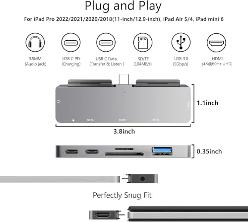 iPad Pro M4/M2/M1 13/11/12.9, iPad Air 5, 7 in 1 Adapter - 4K 60Hz HDMI, 3.5mm Headphone Jack, USB3.0, USB C PD Charging & Data, SD/Micro SD Card Reader
