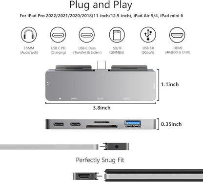 iPad Pro M4/M2/M1 13/11/12.9, iPad Air 5, 7 in 1 Adapter - 4K 60Hz HDMI, 3.5mm Headphone Jack, USB3.0, USB C PD Charging & Data, SD/Micro SD Card Reader