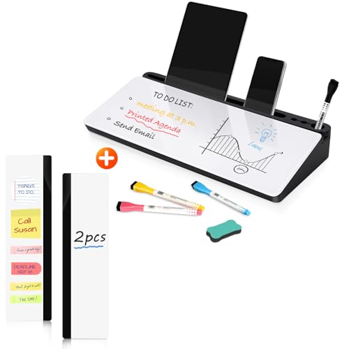 DOLLAR BOSS Glass Desk Whiteboard with Storage, Black and White & Monitor Memo Boards for Computers 2PCS