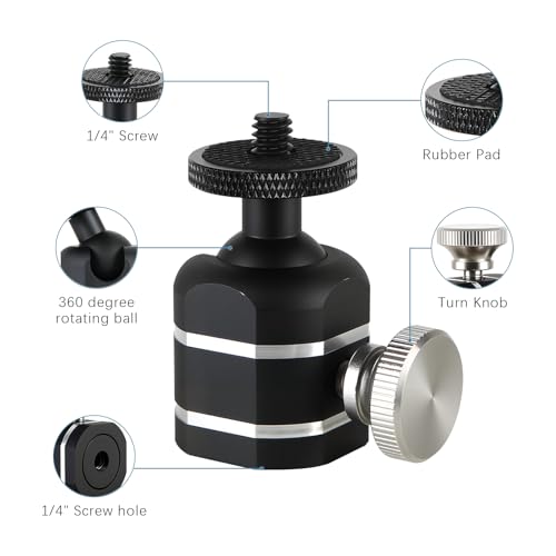 Universal Mini Ball Head Tripod Camera Screw Mount, Connect Holders and Devices, 1/4"-20 Thread, 360 Rotatable, 90 Tiltable, Loads to 10lbs, Silver, 1pcs