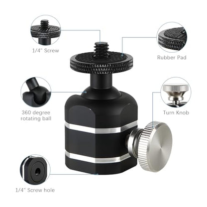 Universal Mini Ball Head Tripod Camera Screw Mount, Connect Holders and Devices, 1/4"-20 Thread, 360 Rotatable, 90 Tiltable, Loads to 10lbs, Silver, 1pcs