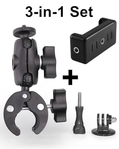 3-in-1 Super Mount Clamp Socket Arm 1/4"-20 Ball Head Adapter for Camera/Phone/Monitor/LED Lights/Microphone Accessories (Short Style)