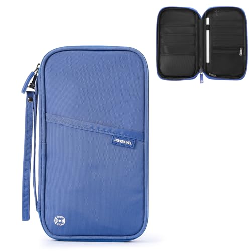 Travel Passport Holder, Large Family Passport Walle for Men Women RFID Passport Cover Lightweight Portable Document Organizer with Wrist Strap (Blue) - color: Light Blue
