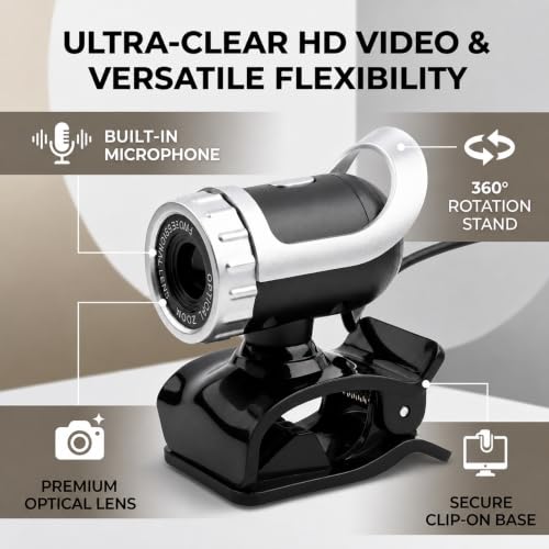 USB 2.0 0. Pixels Clipon Webcam,Clip on PC Camera,Plug and Play HD Web Camera with 360 Rotating Stand & Builtin Microphone for PC (Silver) - color: Silver