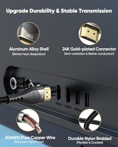 Short HDMI Cable 6 inch 2-Pack 10K 8K , HDMI 2.1 Cable 0.5FT 48Gbps Ultra High Speed Nylon Braided Cord with 8K@60Hz 4K@120Hz, eARC, HDR10+, DTS:X, 3D for HDTV/HDMI Switch/Laptop/Blu-Ray/Monitor/PS5 - size: 0.5FT