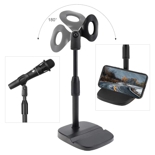 RTNLIT Desktop Mic Stand with Phone Holder, Adjustable Desk Mic Stand with Mic Clip Compatible with Max 1.7 inch Diameter Microphone, Weighted Base, 5/8" to 3/8" Screw Adapter, Height 9.8" to 13.4"