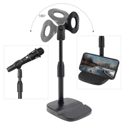 RTNLIT Desktop Mic Stand with Phone Holder, Adjustable Desk Mic Stand with Mic Clip Compatible with Max 1.7 inch Diameter Microphone, Weighted Base, 5/8" to 3/8" Screw Adapter, Height 9.8" to 13.4"