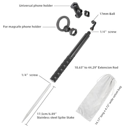 Ground Golf Monopod Phone Stand Holder with Spike Stake, 46" Extendable Selfie Stick & Universal 1/4" Screw - Record Stable Hands-Free Golf Swing Videos for magsafe and All Smartphones - style: Monopod