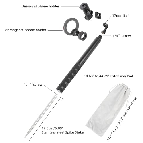 Ground Golf Monopod Phone Stand Holder with Spike Stake, 46" Extendable Selfie Stick & Universal 1/4" Screw - Record Stable Hands-Free Golf Swing Videos for magsafe and All Smartphones - style: Monopod