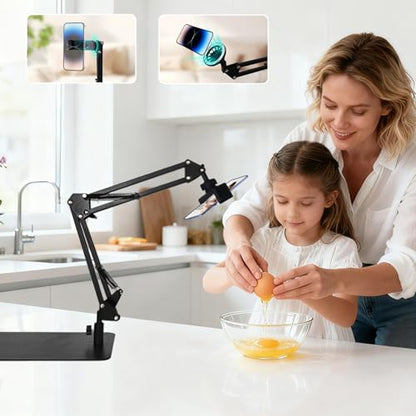 Hivexagon Magnetic Overhead Phone Stand - Articulating Arm Stand with Base, 360 ° Multi Angle Adjustable, Equipped with Phone Specific Clip