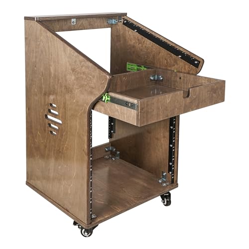 Sound Town DIY Solid Baltic Birch Plywood Studio Rack with 11U Slant Mixer Top, 10U Front, 2U Drawer, Rubber Feet, Casters, Weathered Brown (SDRK-M11X10B) - size: 10U,Weathered Brown