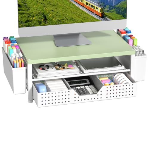 Wood Metal Monitor Stand Riser, Laptop Stand for Desk, Office Desk Organizer and Accessories, Computer Desktop Shelf with Drawer and Pen Holder, Printer Stand for Home, Office, Dorm (Green Wood) - color: Green-Regular
