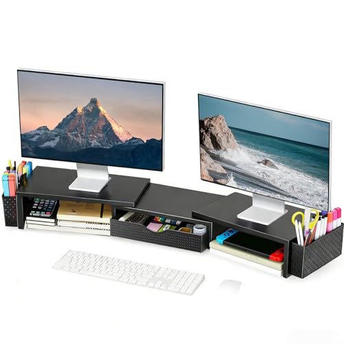 Spacrea Metal Desk Organizers and Accessories, Dual Monitor Stand Riser with Drawer and 2 Pen Holders, Book Racks, Desk Accessories & Workspace Desktop Organizers for Office Supplies (Black) - color: Black