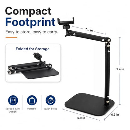 Desktop Microphone Stand with Weighted Steel Base, Adjustable Studio Mic Stand and Mic Arm for Desk, No-Clamp Tabletop Stand with 3/8", 5/8", 1/4" Adapters and Phone Holder