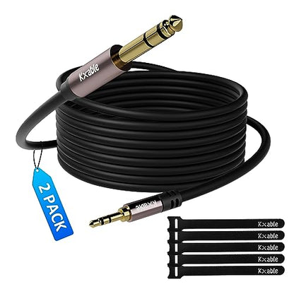 Kxable 3.5mm to 6.35mm Stereo Audio Cable 8 Feet (2 Pack), 1/4 to 1/8 inch Headphone Cable Jack, Hi-Fi Sound, Gold Plated Connectors, OFC Core, Black Cable (with 5 pcs Cable Ties) - size: 8 Feet (2 Pack)