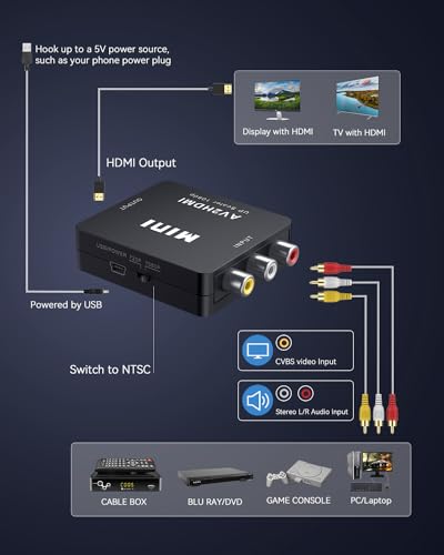 ABLEWE RCA to HDMI,AV to HDMI Converter, 1080P Mini RCA Composite CVBS Video Audio Converter Adapter Supporting PAL/NTSC for TV/PC/ PS3/ STB/Xbox VHS/VCR/Blue-Ray DVD Players - color: AV+HDMI Cable