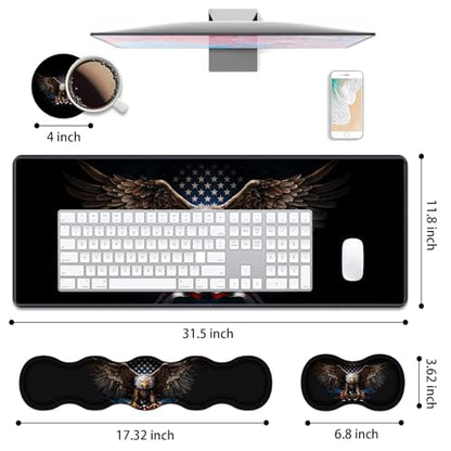 4 in 1 Ergonomic Keyboard Wrist Rest & Mouse Pad Wrist Rest Set, Large XXL Gaming Desk Mat 31.5"x 11.8" with Non-Slip Base, Memory Foam for Home Office Study Gaming, American Flag Bald Eagle - color: American Flag Bald Eagle