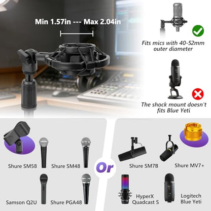 Mic Stand Desk Adjustable Desktop Microphone Stand with Stable Metal Base, Shock Mount, Pop Filter, Mic Clip, and Mic Adapter for AT2020, HyperX QuadCast, Blue Yeti, Shure SM58
