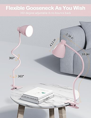 BOHON Cute Desk Lamp with Clamp Clip on Light, 5 Color 10 Brightness, Pink | Flexible Gooseneck Pink Lamp 10W 38 LED Auto Off Timer Kawaii Accessories Desk Lights for Office Home Bed Bedside Reading - color: Pink