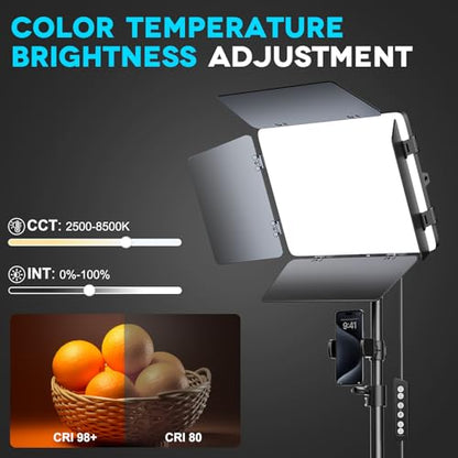 2 Pack LED Video Light Kit 79'' Tripod Light Stand, 30W 3000Lux Photography Light with Barndoor, CRI 98+ 2500K-8500K Studio Lights Panel Podcast Lighting for Video Recording/Game Live Streaming - size: 79" Tripod Stand