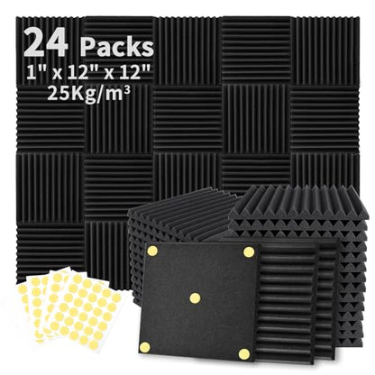 Focusound 24 Pack Acoustic Foam Panels 1" x 12" x 12" Sound Proof Foam Panles Soundproofing Noise Cancelling Wedge Panels for Home Office Recoding Studio with 240PCS Double-Side Adhesive - size: 24 Pack