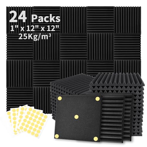 Focusound 24 Pack Acoustic Foam Panels 1" x 12" x 12" Sound Proof Foam Panles Soundproofing Noise Cancelling Wedge Panels for Home Office Recoding Studio with 240PCS Double-Side Adhesive - size: 24 Pack